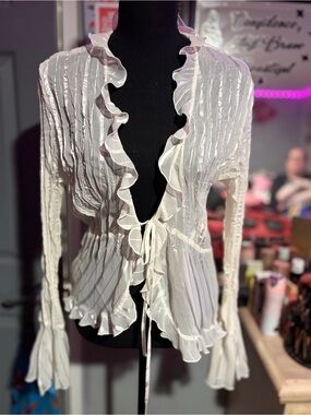 NWT Studio 1940 Ivory Sheer Ruffled Tie-Front Blouse- XL